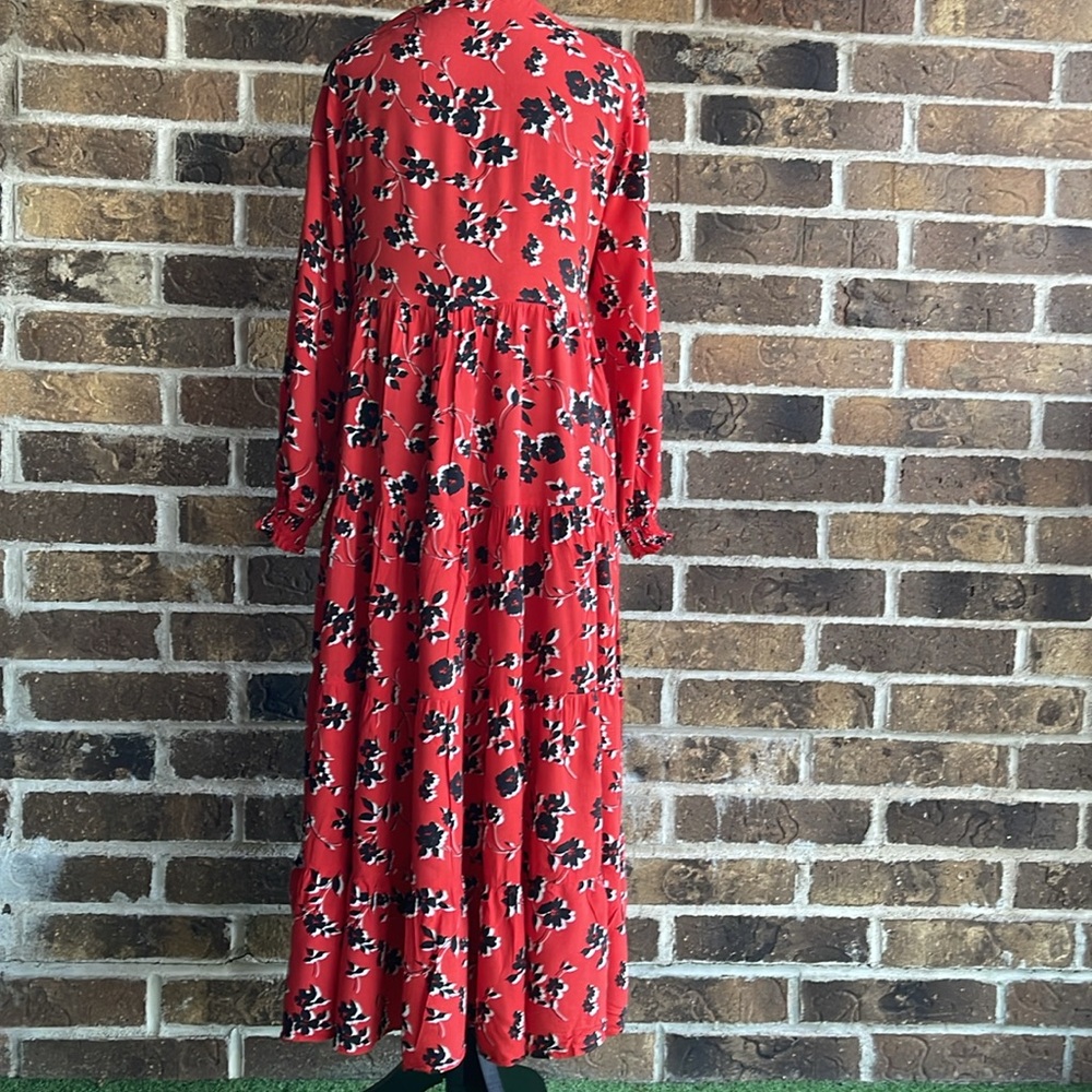 ZARA Angel Midi Maxi Red Black Floral Smock Flared Tiered Dress - Picture 11 of 13